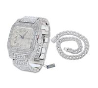 Halukakah Conjunto de Reloj y Collar con Diamante Moissanite para Hombre - Chapado en Oro Blanco Platino, Correa 24cm con Cadena Cubana 50cm, 3 Lados Iced Out, Esfera Cuadrada -Caja de Regalo Incluida