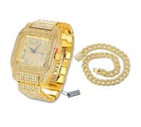 HALUKAKAH Conjunto de Reloj y Collar con Diamante Moissanite para Hombre - Chapado en Oro de 18K, Correa 24cm con Cadena Cubana 50cm, 3 Lados Iced out, Esfera Cuadrada - Caja de Regalo Incluida