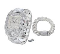 Halukakah Conjunto de Reloj y Pulsera con Diamante Moissanite para Hombre - Chapado en Oro Blanco Platino, Correa 24cm con Cadena Cubana 20cm, 3 Lados Iced Out,Esfera Cuadrada -Caja de Regalo Incluida