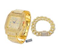 Halukakah Conjunto de Reloj y Pulsera con Diamante Moissanite para Hombre - Chapado en Oro de 18K, Correa de 24cm con Cadena Cubana de 20cm, 3 Lados Iced Out, Esfera Cuadrada - Caja de Regalo Incluida