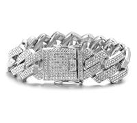 Halukakah Diamante Cadena de Oro para Hombres,20MM Rombo Relámpago Diamantes Tres Hileras Acabado en Oro Blanco Platino Pulsera 18cm,Circonita Completa Corte Diamante Conjunto de Puntas,Regalo para El