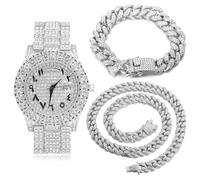 HALUKAKAH Diamante Reloj de Oro Iced out, Hombres Números Romanos Chapada en Oro Blanco Platino Cuarzo Longitud de 24cm, con Cadena de Cubanos Pulsera 20cm + Collar 45cm, con Caja de Regalo