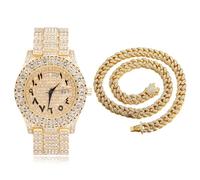 HALUKAKAH Diamante Reloj de Oro Iced out, Hombres Números Romanos Chapada en Oro de 18k Cuarzo Longitud de 24cm, con Cadena de Cubanos Collar 45cm, con Caja de Regalo