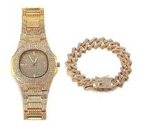 HALUKAKAH Esfera Oval Diamante Reloj de Oro Iced out,Hombre Chapado en Oro Real de 18k Cuarzo Pulsera 24cm,con Cadena de Cubanos Pulsera 20cm,con Caja de Regalo