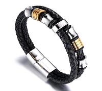 HALUKAKAH Hombres Pulsera de Cuero Genuino con Cuentas de Titanio Dorado/Plateado Cierre Magnético Solo Plata/Honra Oro Tamaño Ajustable 21.5-23cm con Caja de Regalo (Oro Platino 21,5cm)