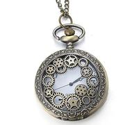 HALUKAKAH Hombres Reloj de Bolsillo con Cadena Cuarzo Bronce Vintage Patrón de Rueda Dentada Escala de Números Romanos, con 2 Cadenas Set Cadena de Bolsillo+Collar, Caja de Regalo