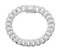 HALUKAKAH Más 400 Diamantes Chapado en Platino Pulsera de Cadena de Eslabón Cubano para Hombre y Mujer,Cierre de Letra de Burbuja 3D Inicial M -con Caja de Regalo-Idea de Regalo para Seres Queridos