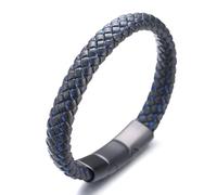 HALUKAKAH Más ● Jazz ● Hombres Cuero Genuino Trenza Hecha a Mano Negro Mezcla Azul Pulsera Titanio Cierre Esmerilado Magnético Tamaño Ajustable 21.5-23cm con Caja