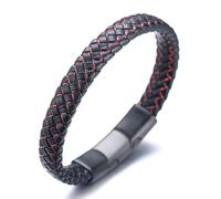 HALUKAKAH Más ● Jazz ● Hombres Cuero Genuino Trenza Hecha a Mano Negro Mezcla Rojo Pulsera Titanio Cierre Esmerilado Magnético Tamaño Ajustable 21.5-23cm con Caja