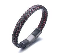 HALUKAKAH Niños ● Jazz Júnior ● Niños Cuero Genuino Trenza Hecha a Mano Negro Mezcla Rojo Pulsera 6-12 años. Titanio Cierre Esmerilado Magnético Tamaño Ajustable 18-19.5cm con Caja