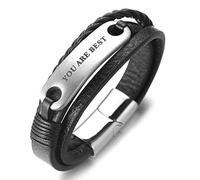 HALUKAKAH Niños ● You Are Best ● Pulsera Ninos Cuero Genuina Negro 6-12 AÑOS Titanio Acero Inoxidable Cierre Magnético de Plata 7"/18cm con CajaDeRegaloGRATIS