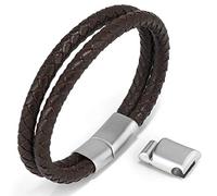 HALUKAKAH Plus ● Solo ● Hombres Cuero Marrón Genuino Pulsera Doble Envoltura Cierre Magnético Plata de Titanio Tamaño Ajustable 21.5-23cm