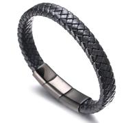 HALUKAKAH Plus ● Solo ● Hombres Pulsera de Cuero Auténtico Estilo Negro Clásico Titanio Acero Inoxidable Magnético Negro Tamaño Ajustable 21.5-23cm con Caja de Regalo