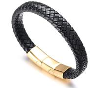 HALUKAKAH Plus ● Solo ● Hombres Pulsera de Cuero Auténtico Estilo Negro Clásico Titanio Acero Inoxidable Magnético Oro Tamaño Ajustable 21.5-23cm con Caja de Regalo