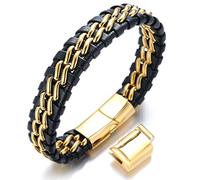 Halukakah Plus ? Solo Silver/Honor Gold/Nightwatch Black ? Men's Genuine Leather Bracelet Titanium Chain Magnetic Clasp 21.5-23cm with Free Giftbox (Honor Gold Double Chain with an Extra Clasp)