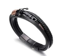 HALUKAKAH Plus ● Vela ● Pulsera Hombre Cuero Genuina Hecho a Mano Trenza Ancla Pulsera Cierre Magnético Negro Mate de Titanio Acero Inoxidable Tamaño Ajustable 21.5-23cm con Caja de Regalo