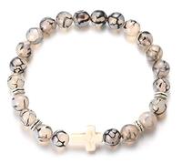 HALUKAKAH Pulsera Cuentas Piedra con Cruz Cristiano,Pulsera Elástica Piedras Preciosas Naturales para Hombres Mujeres Grano de Dragón Negro/Roca de Lava/Turquesa con Caja