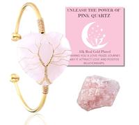 HALUKAKAH Pulsera de Cristal de Piedra Natural - AMOR LUNAR - Árbol de la Vida con Enrollado de Chapado en Oro de 18k Hecho a Mano, Colgantes en Forma de Corazón de Cuarzo Rosa Ajustable en Tamaño