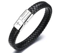 HALUKAKAH Pulsera de Cuero para Hombres Faithful Strength - 21,5cm Cuero Negro Clásico con Cierre Magnético de Acero Titanio,Joshua 1:9 Be Strong and Courageous Grabados y Cruz.Regalo Religioso