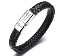 HALUKAKAH Pulsera de Cuero para Hombres Faithful Strength - 21,5cm Cuero Negro Clásico con Cierre Magnético de Acero Titanio,Isaiah 41:10 Do Not Fear Grabados y Cruz.Regalo Religioso para Él