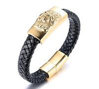 HALUKAKAH Pulsera de Oro para Hombre,Chapado en 24K Oro Sólido Acero Titanio Cabeza de León Animal Salvaje Vikingo Pulsera de Cuero Hecha a Mano Cierre Magnético 21,5cm,con Caja de Regalo