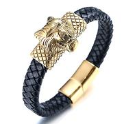 HALUKAKAH Pulsera de Oro para Hombre,Chapado en 24K Oro Sólido Acero Titanio Cabeza de Lobo Animal Salvaje Vikingo Pulsera de Cuero Hecha a Mano Cierre Magnético 21,5cm,Caja