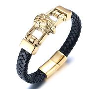 HALUKAKAH Pulsera de Oro para Hombre,Chapado en 24K Oro Sólido Acero Titanio Cabeza León Diseño Hueco Animal Salvaje Vikingo Pulsera de Cuero Hecha a Mano Cierre Magnético 21,5cm,Caja