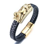 HALUKAKAH Pulsera de Oro para Hombre,Chapado en 24K Oro Sólido Acero Titanio Corriendo Leopardo Animal Salvaje Vikingo Pulsera de Cuero Hecha a Mano Cierre Magnético 21,5cm,con Caja de Regalo