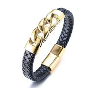 HALUKAKAH Pulsera de Oro para Hombre,Chapado en 24K Oro Sólido Acero Titanio Enlace Cubano Animal Salvaje Vikingo Pulsera de Cuero Hecha a Mano Cierre Magnético 21,5cm,Caja