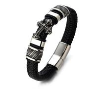 HALUKAKAH Pulsera de Primera Comunión para Niños - Cruz Flecha Brillante - 18,5cm Acero de Titanio Hipoalergénico - Cuero Auténtico Negro - Regalo Religioso para Niños Niñas Adolescentes
