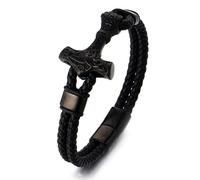 Halukakah Pulsera Martillo de Thor Vikinga para Niños Chicos Adolescentes - 18,5cm Cuero Auténtico Negro -Acero de Titanio Médico Hipoalergénico y Chapado en Rodio -Cierre Magnético -Joya Nórdica Guay