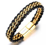 HALUKAKAH Pulsera Ninos Cuero Genuina Negro ● Honor Oro ● 6-12 AÑOS Cadena de Titanio Acero Inoxidable Cierre Magnético 7"/18cm con CajaDeRegaloGRATIS