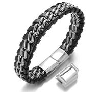 HALUKAKAH Pulsera Ninos Cuero Genuina Negro ● Solo Plata ● 6-12 AÑOS Cadena de Titanio Acero Inoxidable Cierre Magnético 7-8"/18-19.5cm con CajaDeRegaloGRATIS