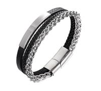 HALUKAKAH Pulsera para Hombre con Triple Trenzado en Titanio - 21cm Cuero Auténtico Negro y Cadena de Acero Quirúrgico - Plata Hipoalergénico - Cierre Magnético - Caja de Regalo Premium Incluida