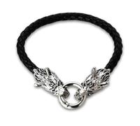 HALUKAKAH Pulsera Vikinga para Adolescentes - Martillo de Thor y Lobos de Titanio Seguro & 19cm Cuero Negro Trenzado - Regalo Nórdico Hipoalergénico - Tono Plata Antigua - Joyería Fantasía Oscura