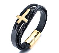 HALUKAKAH Pulseras para Hombre Vikingos,Chapado en 24K Oro Sólido Acero de Titanio Cruz Triple Pulsera de Cuero Negra Hecha a Mano Cierre Magnético 21,5cm,con Caja de Regalo