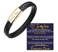HALUKAKAH Regalo para Cumpleaños Navidad: Pulsera de Cuero de Titanio Chapado en Oro de 24k de 21,5cm. Forever Love Grabado, con Hermosa Tarjeta con Mensaje y Caja de Regalo, para Esposo Papá Novio
