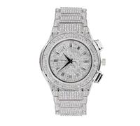 HALUKAKAH Reloj con Diamantes Moissanite para Hombre - Regal - Chapado en Oro Blanco Platino,Esfera Redonda Grande con Números Romanos,Iced out en 3 Lados,Correa de 21,5cm - Caja de Regalo Incluida