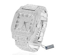 Halukakah Reloj de Diamante Moissanita para Hombre - Chapado en Oro Blanco Platino,Cuarzo Suizo Esfera Cuadrada Números Romanos,200G Hecho Pesado,3 Lados Iced out,Correa 22cm - Caja de Regalo Incluida
