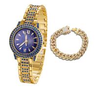 HALUKAKAH Reloj de Oro con Diamantes Azules para Niños,Adolescentes - Chapado en Oro 18K,Esfera Redondo Azul de 32mm,Cuarzo Japonés - Longitud 19.5cm - Viene con Cadena Cubana 18cm - para Cumpleaños