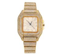 HALUKAKAH Reloj de Oro con Diamantes Iced out,Hombre Chapado en Oro 18K Esfera con Números Árabes Cuarzo 22cm,Viene con Caja de Regalo