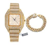 HALUKAKAH Reloj de Oro con Diamantes Iced out,Hombre Chapado en Oro 18K Esfera con Números Árabes Cuarzo 22cm,con Cadena Cubana Pulsera 20cm,Viene con Caja de Regalo