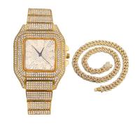 HALUKAKAH Reloj de Oro con Diamantes Iced out,Hombre Chapado en Oro 18K Esfera con Números Árabes Cuarzo 22cm,con Cadena Cubana Collar 45cm,Viene con Caja de Regalo