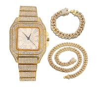 HALUKAKAH Reloj de Oro con Diamantes Iced out,Hombre Chapado en Oro 18K Esfera con Números Árabes Cuarzo 22cm,con Cadenas Cubana Pulsera 20cm + Collar 45cm,Viene con Caja de Regalo