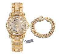 HALUKAKAH Reloj de Oro con Diamantes Iced out,Hombre Chapado en Oro 18K Esfera Redondo Ancho de 39MM Cuarzo 22,5cm,con Cadena Cubana Pulsera 20cm,Viene con Caja de Regalo