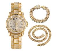 HALUKAKAH Reloj de Oro con Diamantes Iced out,Hombre Chapado en Oro 18K Esfera Redondo Ancho de 39MM Cuarzo 22,5cm,con Cadenas Cubana Pulsera 20cm + Collar 45cm,Viene con Caja de Regalo