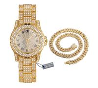 HALUKAKAH Reloj de Oro con Diamantes Iced out,Hombre Chapado en Oro 18K Esfera Redondo Ancho de 39MM Cuarzo 22,5cm,con Cadena Cubana Collar 45cm,Viene con Caja de Regalo