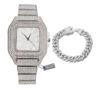HALUKAKAH Reloj de Oro con Diamantes Iced out,Hombre Chapado en Platino Oro Blanco Esfera con Números Árabes Cuarzo 22cm,con Cadena Cubana Pulsera 20cm,Viene con Caja de Regalo
