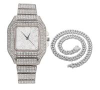HALUKAKAH Reloj de Oro con Diamantes Iced out,Hombre Chapado en Platino Oro Blanco Esfera con Números Árabes Cuarzo 22cm,con Cadena Cubana Collar 45cm,Viene con Caja de Regalo