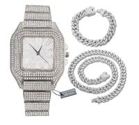 HALUKAKAH Reloj de Oro con Diamantes Iced out,Hombre Chapado en Platino Oro Blanco Esfera con Números Árabes Cuarzo 22cm,con Cadenas Cubana Pulsera 20cm + Collar 45cm,Viene con Caja de Regalo